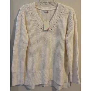 SO Womens Medium Ivory Chunky-Knit Pullover Vneck Oversized Sweater NWT! A1046